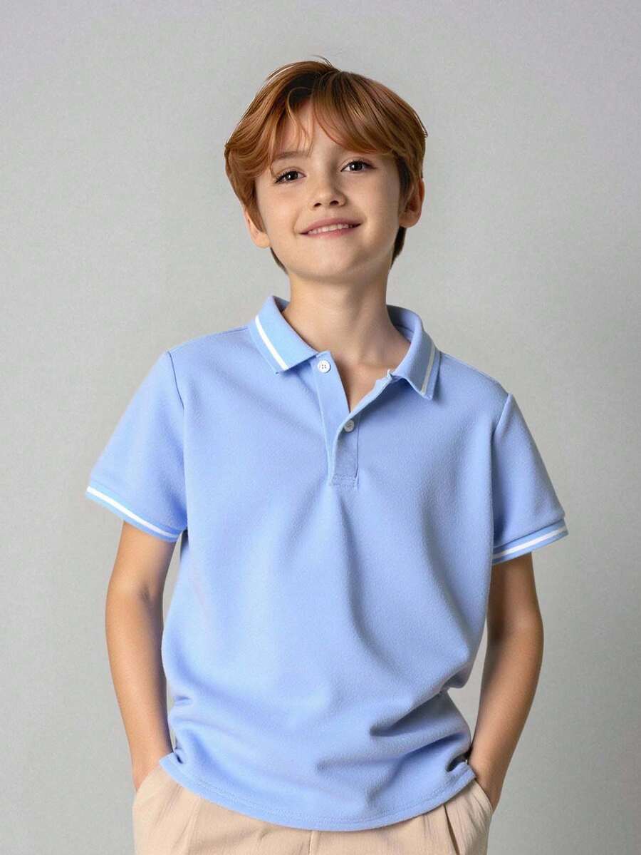 SHEIN Tween Boy Collared Solid Color Short Sleeve Polo Shirt - Baby Blue - View 1