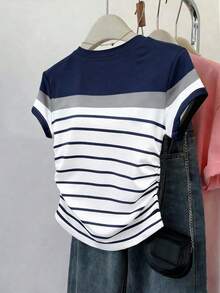 Franclia 女士户外休闲衬衫，夏季新品。户外休闲优雅风格，图案设计，多色条纹印花，蓝色、白色，修身腰型，适合返校季、教师节，女士T恤 - 藏蓝色 - 查看 2