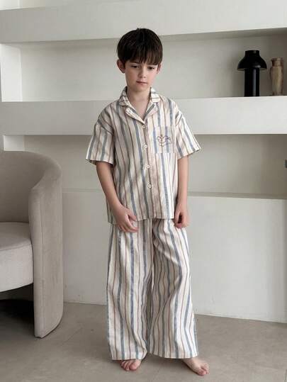 DAZY Tween Boy Striped Short Sleeve Button-Up Top And Pants Pajama Set