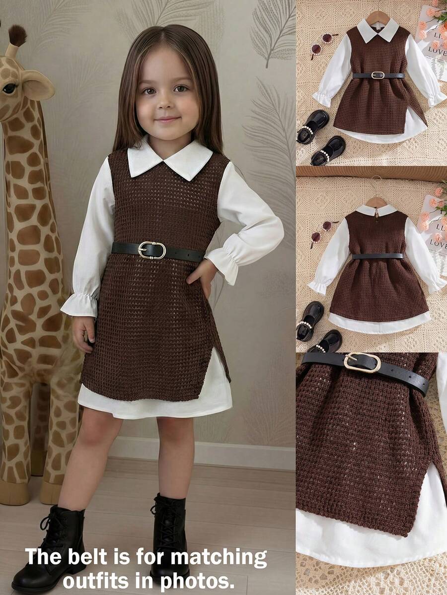 女童可爱撞色二合一连衣裙（不含腰带） - 棕色 - 查看 1