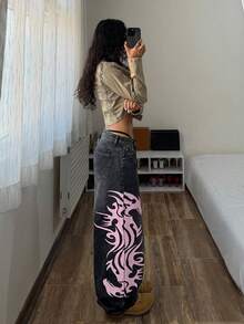 StreetHx 女士休闲百搭日常穿着火焰图案口袋纽扣牛仔阔腿裤 - 黑色 - 查看 6