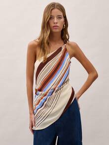 Nöista 不对称条纹上衣，蓝、棕、橙三色拼接，肩带打结，长款设计。适合夏季、春季、假日、节日、度假等场合穿着。 - 杏色 - 查看 4