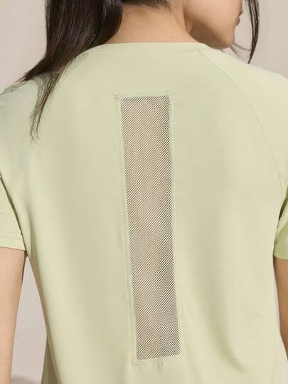 Exploreva Women's New Elastic Mesh Patchwork Light Green Short Sleeve T-Shirt