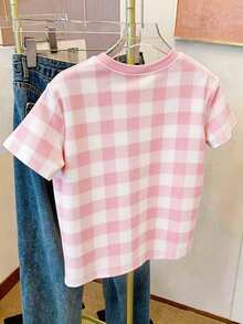 Resyla 女士格子印花圆领短袖休闲百搭T恤 - 淺粉色 - 查看 2