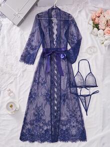 4pcs/Set Sexy Lace See-Through Lingerie Set For Summer For Going Out - Blue - View 5