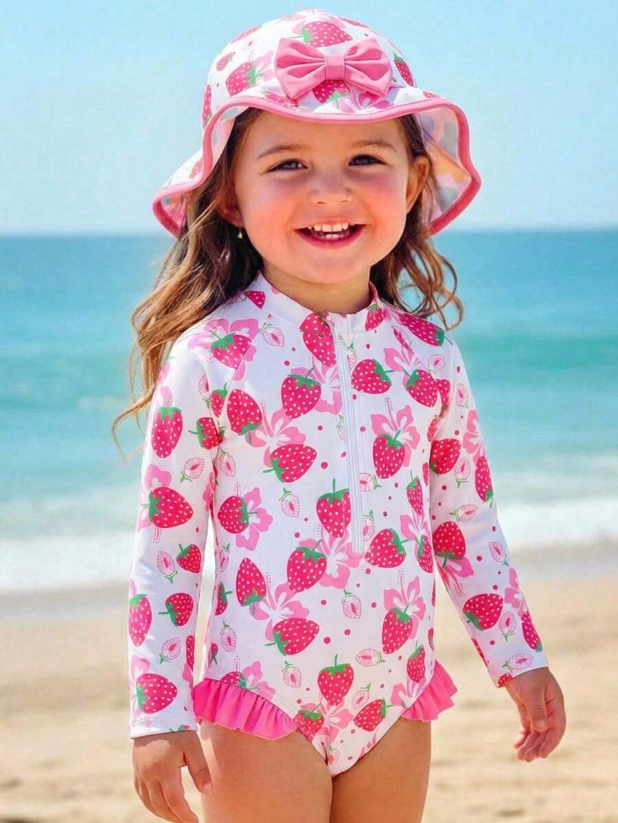 SHEIN 女婴草莓印花连体泳衣,海滩度假 - 彩色 - 查看 1