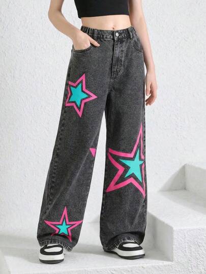 1pc Tween Girls Y2K Streetwear Straight Leg Jeans, Distressed Black & Gray Denim, Colorblock Star Print, Elastic Waist, Loose Straight Fit, Suitable For All Seasons, Daily Wear, School, Outdoor, Party
