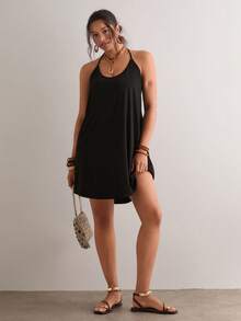 Freevana 大码女士纯色露背休闲吊带连衣裙 - 黑色 - 查看 6