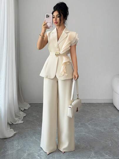 SHEIN Elenzya Women's Elegant Apricot Luxury Formal Dress Suit, Sequin Organza Ruffle Collar Tie Waist Blazer Suit Set, Including Sleeveless Jacket And Straight Leg Pants, Burgundy, Suitable For Halloween, Christmas, New Year Party, Graduation Ceremony, Wedding And Other Occasions.