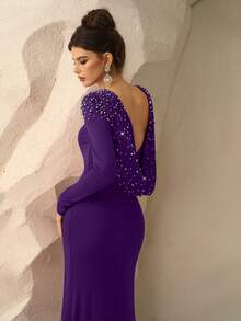 Coutiva Women's Beaded Backless Mermaid Formal Evening Gown (Heavily Embellished) - Purple - View 4