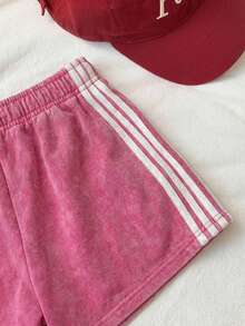 SHEIN EZwear 大码女式弹力腰撞色休闲百搭日常短裤 - 玫紅色 - 查看 6