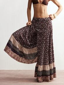 Bohemela Pantalones anchos de pierna ancha casuales de mujer con estampado de patchwork tejido - Óxido marrón - Ver 1