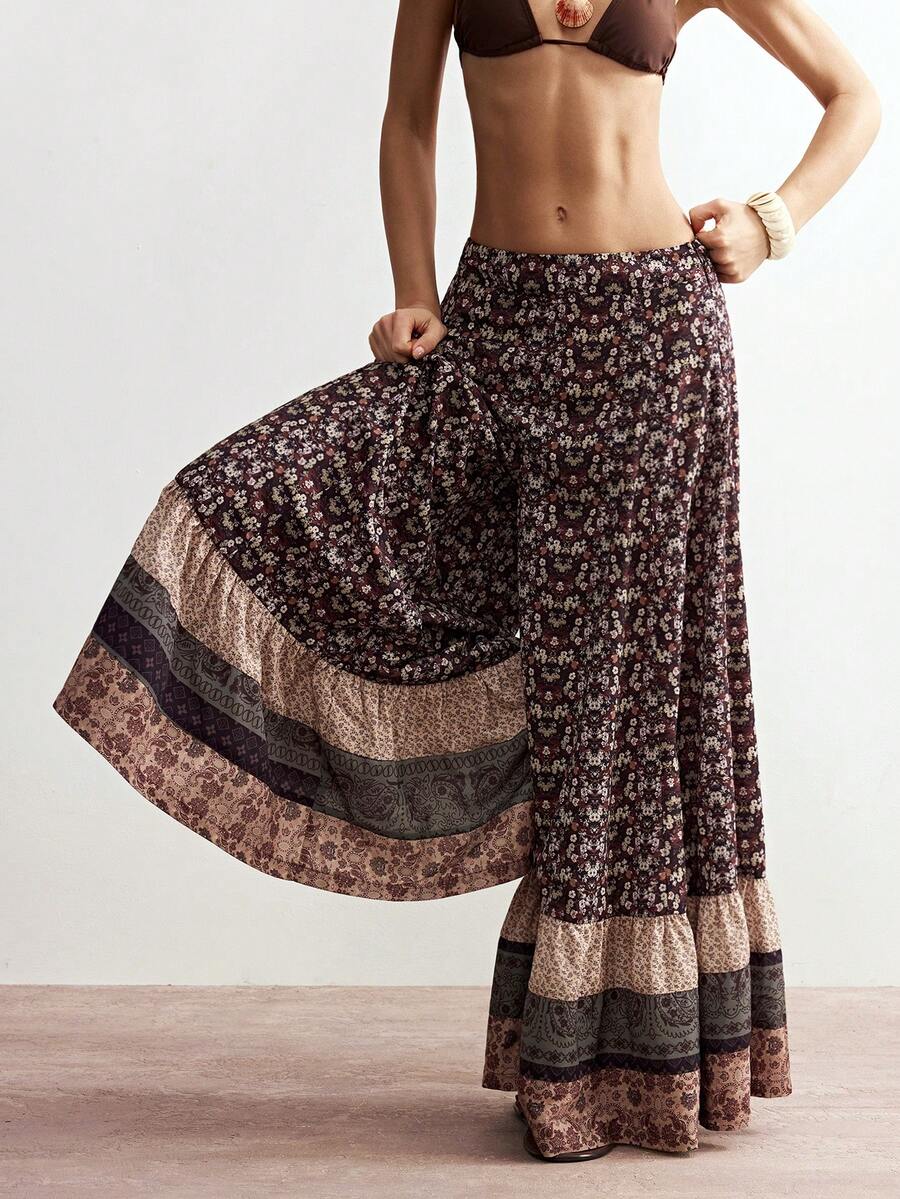 Bohemela Pantalones anchos de pierna ancha casuales de mujer con estampado de patchwork tejido - Óxido marrón - Ver 1