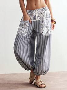 Bohemela Women's Casual Printed Loose Woven Pants Boho Pants For Women Wide Leg Pants Woman Pants For Women Casual - Blue - View 2