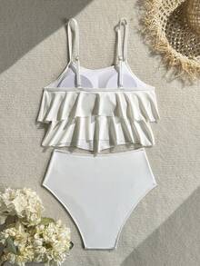 SHEIN Swim Women's Summer Beach Solid Color Ruffle Hem Tankini Swimsuit Set - Cream - View 2