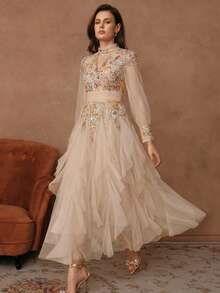 Anewsta Women's Elegant Beige Summer Wedding Guest Embroidered Dress,Long Sleeve Patchwork Pleated Mesh Long Formal Gown For Spring,Vacation,Festival,Party - Multicolor - View 6