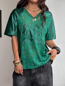 Coolane 男女夏季街头情侣同款Y2K辣妹风仙女风比赛日撞色蕾丝数字图案拼接超大款针织T恤 - 墨綠色 - 查看 6