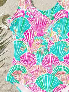 复古可爱彩色贝壳图案，ins风，少女休闲简约连体泳衣，适合夏季穿着 - 彩色 - 查看 5