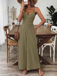 Breezaya Women's V-Neck Fuchsia Sleeveless Jumpsuit, Suitable For Spring/Summer Vacation - Grey - View 7