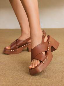 Styleloop WomenShoes Women's Wood Grain Platform Wedge Heel Sandals Spring Wear Holiday Travel Essential Boho Cowgirl Outfit - Brown - View 4