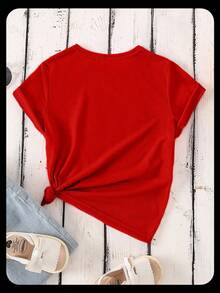 SHEIN GraphicGems 少女舒适秋冬休闲时尚创意个性清新可爱卡哇伊杯芭蕾舞女孩心形图案印花休闲基础款舒适T恤，适合秋冬季节穿着，图案T恤，可爱女孩衬衫，印花T恤 - 紅色 - 查看 4