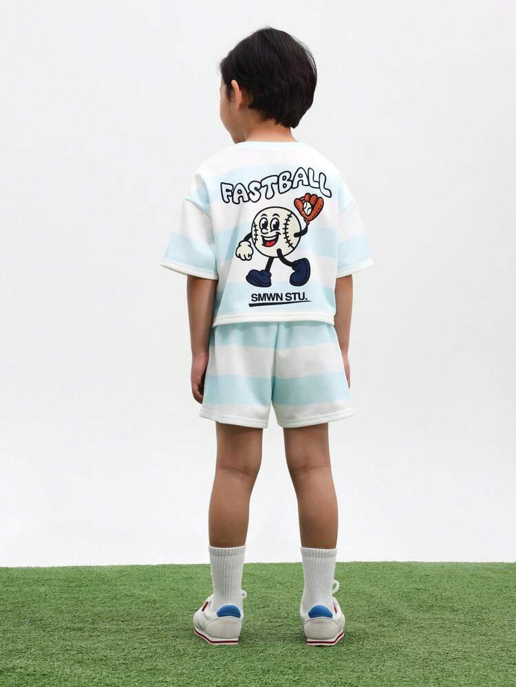 Boys Oversized Striped Fastball Baseball T-Shirt Shorts Matching Coordinate Set Summer Casual Two Piece Outfit Crew Neck , World Cup