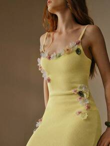 MOTF PREMIUM FLORAL DECOR SPAGHETTI STRAP SWEATER DRESS - Yellow - View 4