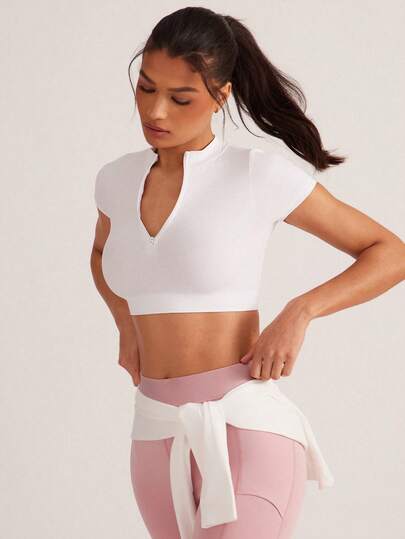 Hauture Women's Solid Color Half Zip Short Sleeve Cropped Sports T-Shirt Women Sport Crop Top Shirt Zip Up Crop Top Blouse Gym Crop Top Set