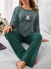 Loomlin Women Cotton Ribk Knit Striped With Cute Rabbit Embroidery Detail Long Sleeve Shirt&Pants Homewear Comfort Pajama Set - Green - View 1