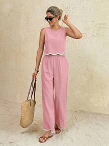 Frenchy Conjunto de 2 piezas de camiseta sin mangas y pantalones con ribete de contraste para vacaciones casuales de mujer - Rosa - Ver 3