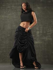 Denimoi Adjustable Toggle Nylon Skirt Fashionable Streetwear - Black - View 3