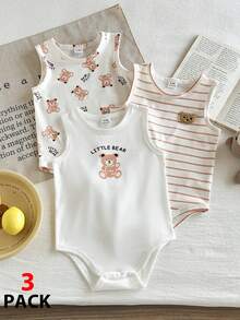 SHEIN 3pcs Baby Boy Cartoon Bear Print Romper Bodysuit - Multicolor - View 1