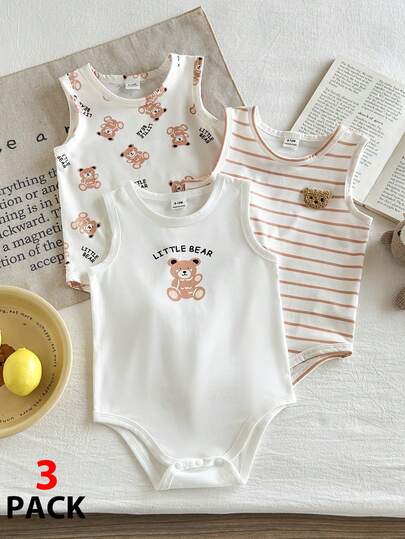 SHEIN Playful Pals 3件套男婴卡通熊印花连体衣