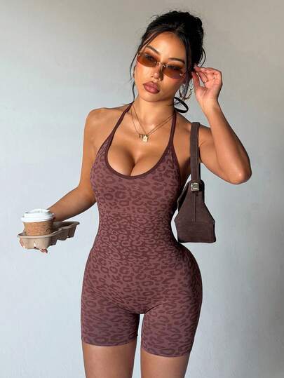 Dewbera Seamless Leopard Jacquard Sexy Yoga Jumpsuit, Spaghetti Strap Backless Sports Jumpsuit With Lifting Design, Suitable For Fitness And Workout