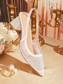 CUCCOO TILAWA Sandalias de tacón alto con tira de tobillo, puntera abierta, transparentes de PVC con rhinestones en color nude, adecuadas para ir al trabajo, citas y fiestas - Blanco roto - Ver 6