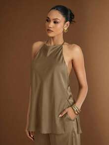Hauture Textured Halter Neck Backless Top - Dark Green - View 5