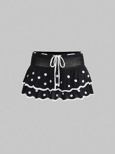 ROMWE Avant Women's Sexy Ultra-Low Waist Sequin Decor Polka Dot Contrast Color Sweater Skirt