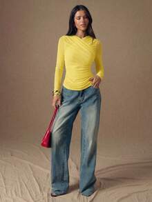 SHEIN BAE Women's Solid Color Pleated Long Sleeve Fitted Fashion T-Shirt - Yellow - View 3