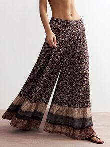 Bohemela Pantalones anchos de pierna ancha casuales de mujer con estampado de patchwork tejido - Óxido marrón - Ver 6