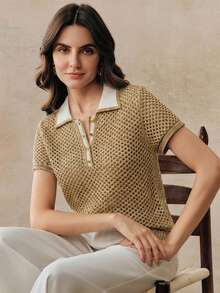 Anewsta Colorblock Linen Hollow Out Knit Polo Shirt For Women, Retro Collar Short Sleeve Top, Spring/Summer - Khaki - View 2
