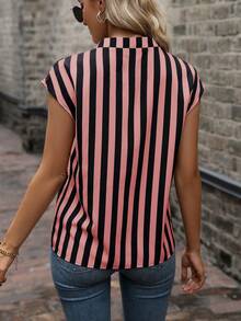 SHEIN Women's Striped V-Neck Casual Versatile Daily Wear Shirt - Pink - View 2