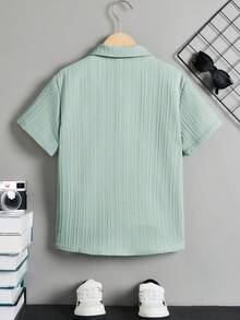 SHEIN Tween Boy Solid Color Short Sleeve Casual Front Button Placket Woven Shirt - Mint Green - View 2