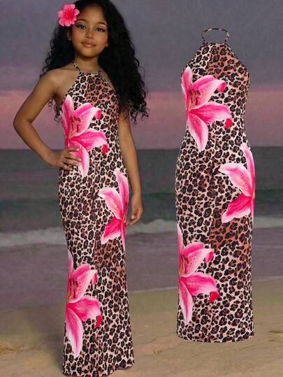 SHEIN Tween Girl Floral Decor Fitted Halter Neck Dress,Mothers Day Outfit,Graduation,Mommy And Me Matching Outfits