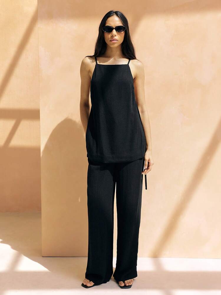 KSTM Wide Leg Linen Look Pants With Relaxed Fit And Elastic Waist For Casual Summer Comfort