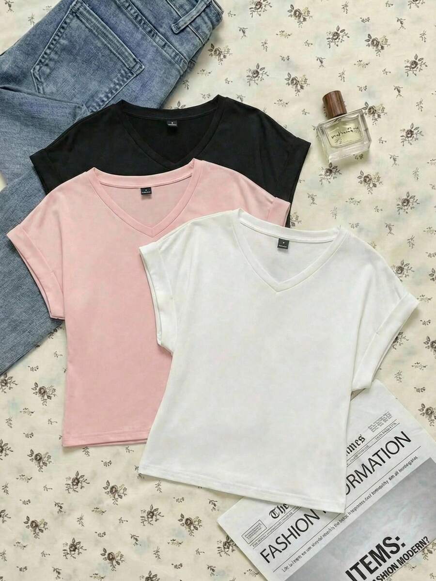SHEIN EZwear Bộ 3 áo thun nữ tay ngắn cổ chữ V màu trơn, kiểu dáng thường ngày, thích hợp mặc mùa hè. - Nhiều màu - Xem 1