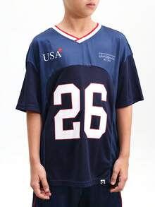 SUMWON Boys Navy V-Neck Jersey T-Shirt And Matching Shorts USA Number Print Two-Piece Set Casual Summer Sports Inspired Coordinate, World Cup 2026 Sporty Chic Game Day Football Blokecore Streetwear Jersey Kit - Blue - View 6