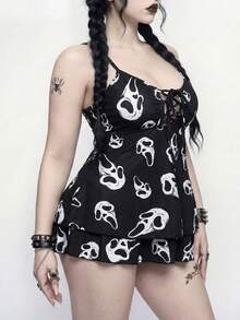 ROMWE Goth Conjunto de traje de baño de 2 piezas con estampado de calavera talla grande 2026, conjunto de vacaciones de verano para mujer - Blanco y Negro - Ver 4