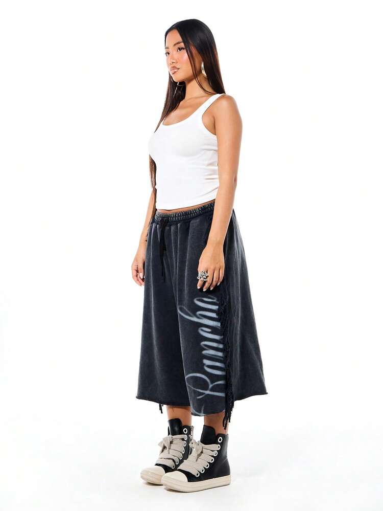 SUMWON WOMEN Womens Washed Denim Wide Leg Bermuda Jorts With Fringe Detail Elastic Waist Casual Summer Shorts