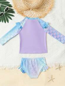 2 piezas Conjunto de traje de baño tipo tankini con estampado de sirena para niñas, lindo traje de baño para vacaciones en la playa - Morado - Ver 2