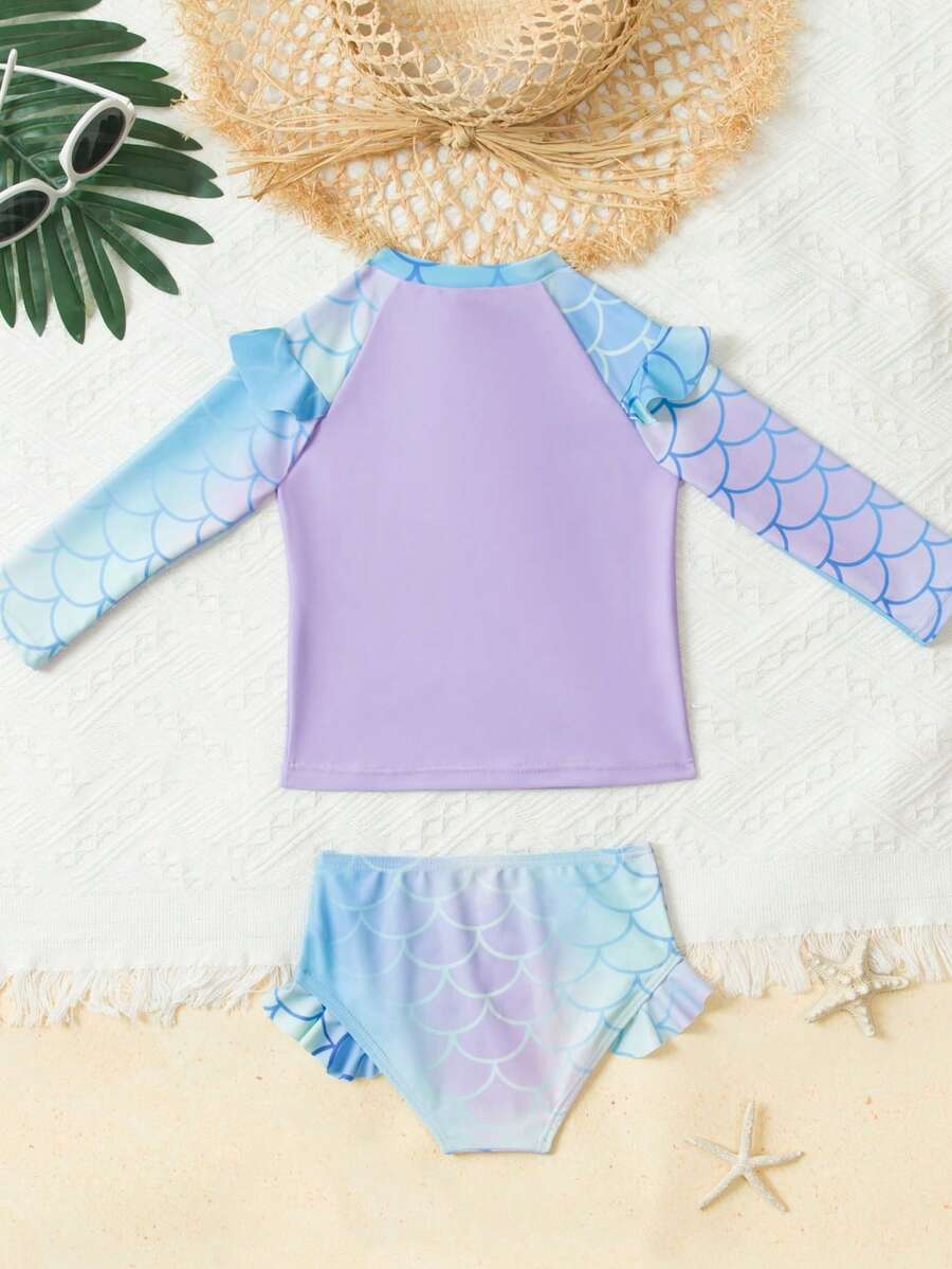 Bộ 2 áo tắm tankini in hình nàng tiên cá cho bé gái, đồ bơi dễ thương cho kỳ nghỉ biển, áo tắm chống nắng cho bé gái, áo tắm tay dài cho bé gái hình nàng tiên cá, áo tắm chống nắng cho bé gái. - Màu tím - Xem 1
